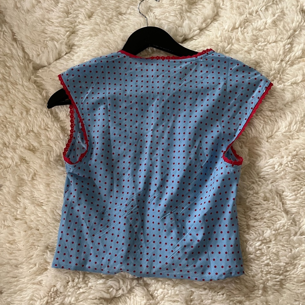 Reformation Blue and Red Polka Dot Blouse